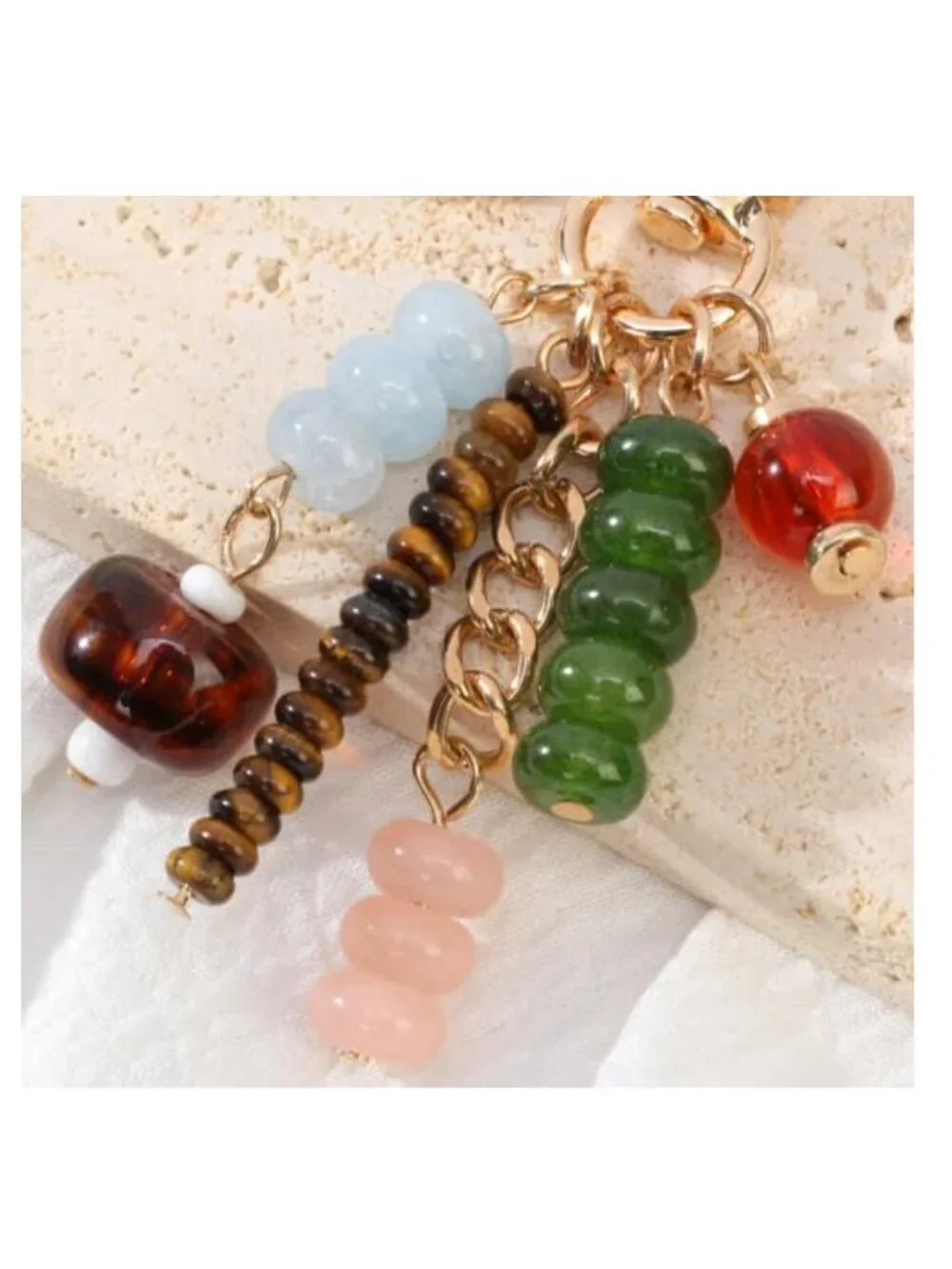 Chunky Beads Braided Rope Keychain with Fish Charm, Carabiner Clip, Zinc Alloy,